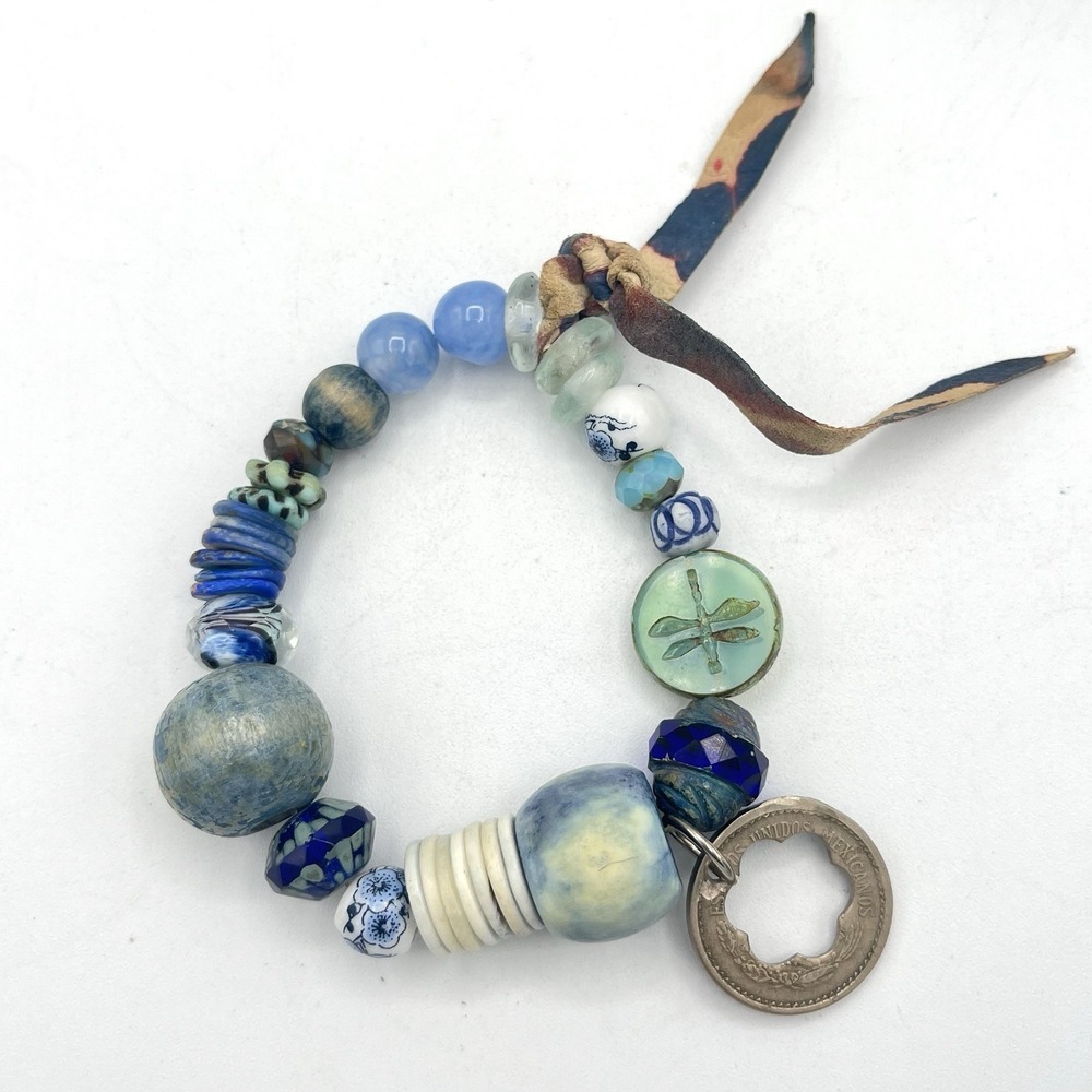 Vintage Boho Blue Porcelain Ceramic Bead Bracelet‎ Dragonfly Beach Glass Coin